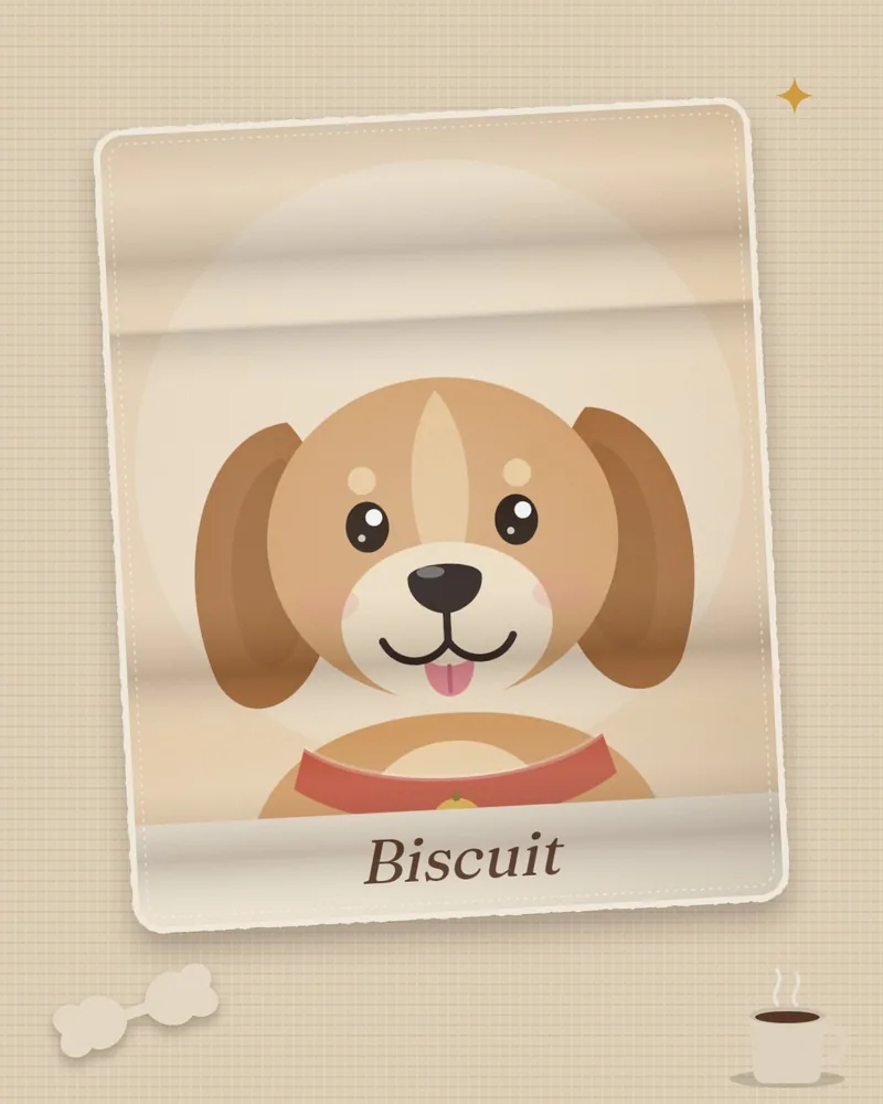 Illustration of the blanket laid flat, printed with a dog portrait and the name Biscuit